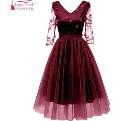 TANYA BRIDAL Appliques Ball Gown Three Quarter Bridesmaid Dresses Flowers Knee-Length Formal Wedding Party Dress JQ361