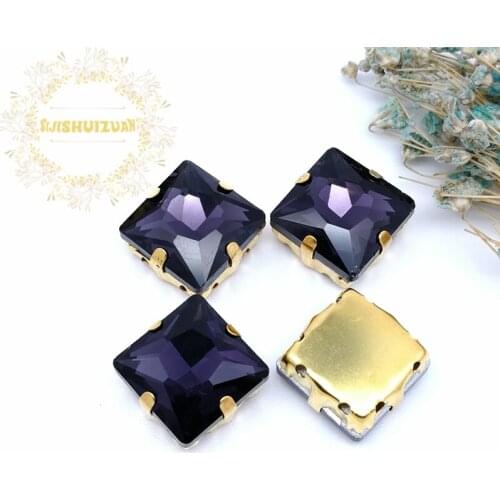 Deep Purple Square Crystal Glass Sewing Rhinestones with gold Claw Rhinestones for Diy wedding Dress and Bags