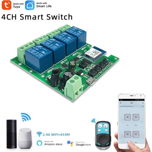 Tuya 4CH Smart Wifi Light Switch,Wireless Remote Control Module,DC5/12/32V,RF433,10A Relays Work with Alexa Google Assistant