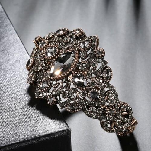 Wbmqda Vintage Grey Crystal Bangles Boho Antique Gold Adjustable Wide Cuff Bracelets For Women Statement Jewelry Party Gift