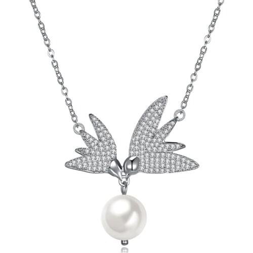 ZEMIOR Genuine 925 Sterling Silver Shiny Swallow Pendant Necklaces Women Elegant Shell Pearl Dangle Necklace Silver Jewelry