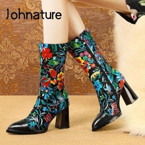 Johnature Women Shoes High Heel Boots 2021 New Genuine Leather Zip Winter Print Pointed Toe Handmade Mixed Colors Platform Boots