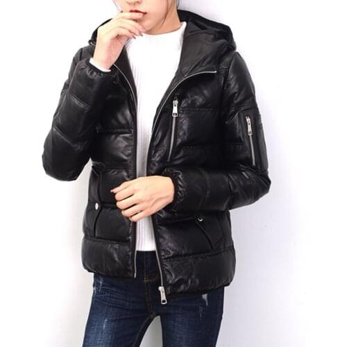 2020 Black Genuine Coat Women Autumn Winter Slim Short Hooded Real Leather Down Jacket Female Fashion Thick Outwear