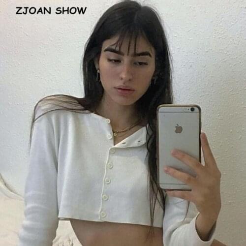 2019 Women Knitted Single-breasted Cropped Cardigan Sweater Vintage Exposed navel Short Knitwear Long sleeve Jumper Tops Sexy