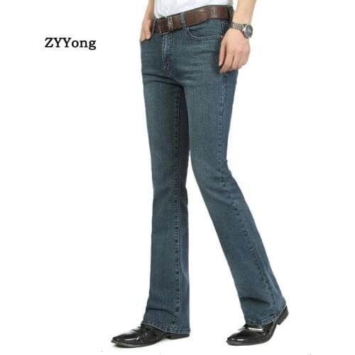 Business Casual Mens Jeans Trousers Mid Waist Elastic Slim Boot Cut Semi-Flared Bell Bottom Denim Pants 26-38