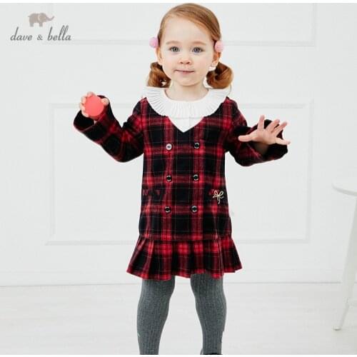 DB14875 dave bella autumn baby girls cute bow plaid pockets dress children fashion party dress kids infant lolita clothes