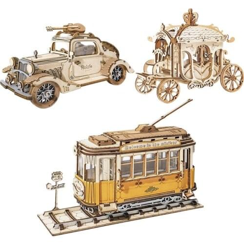 Robotime 3 Kinds Transportation Wooden Puzzle DIY 3D Game Assembly Kit Vintage Car Tramcar Carriage Toy Gift Decoration