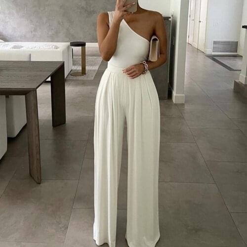 Duzeala 2021 High Quality Autumn Casual Jumpsuit One Shoulder Slash Neck Button Romper Full Length Jumpsuit Wide Legs Jumpsuit