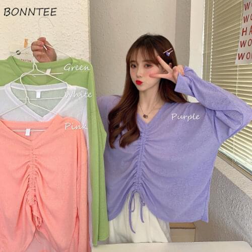 T-shirts Women Long Sleeve Candy Color Shirring Design Thin Soft V-neck Hipster Outerwear Simple Street Holiday Sun-proof Female