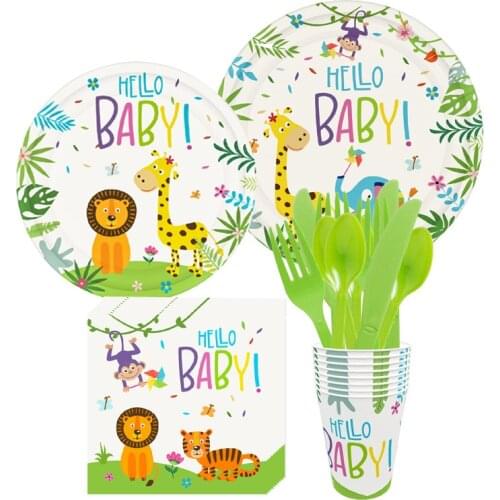 Hello Baby Jungle Safari Party Supply Disposable Tableware Set Tablecloth Paper Cup Napkins Banner Baby Shower Party Decorations