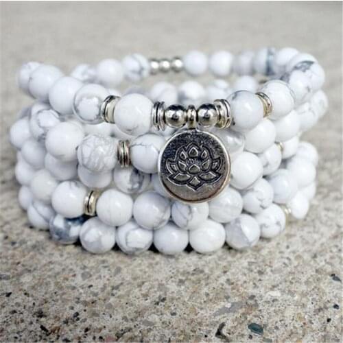 8mm Howlite Stone 108 Beads Handmade Lotus Pendant Necklace Retro Classic Buddhism Prayer Wristband Spiritua Yoga Chakra