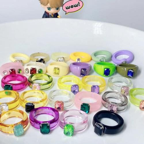 Jacoso Resin Rings Colorful Transparent Acrylic Rhinestone Crystal Irregular Rectangle Round Geometric Rings Set For Women Gifts