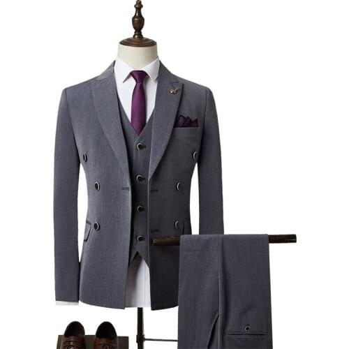 Mens suit double breasted men business casual suit 3-pcs blazer+trousers+vest wedding prom male formal suits costume homme luxe