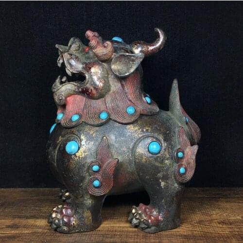 8" Tibet Buddhism Temple Old bronze Set with gems Unicorn incense burner Pixiu unicorn statue Removable head incense burner