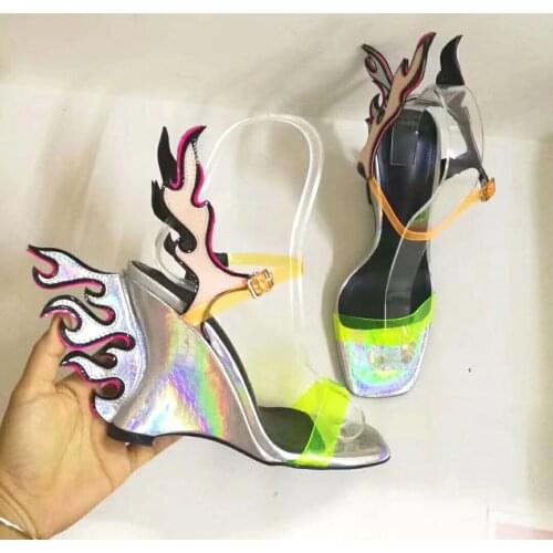 Summer Fashion Back Flame Wings Sandals Color Intrigue Wedges Heels PeepToe Gladiator PVC One Strap Female High Heel Party Shoes