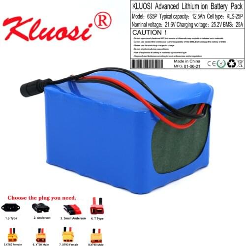 KLUOSI 6S5P 24V 12.5Ah 21.6V 12Ah 25.2V Lithium Battery Pack with 25A BMS for Electric Bicycle Ebike Scooter Wheelchair Cropper