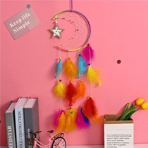 Colorful Crescent Feather Pendant Double-layer Star Home Decoration Wall Hanging Dream Catcher Wind Chime Girl Kid Room Decor