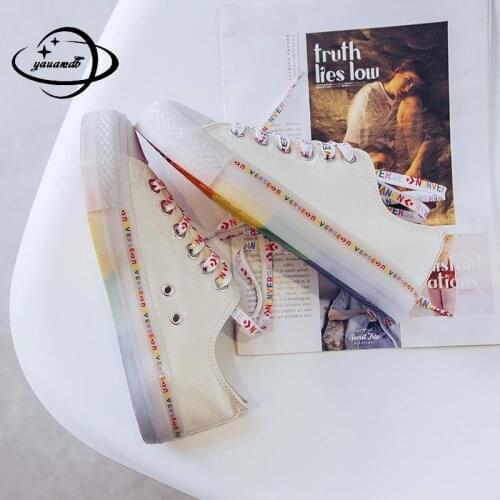 35-40 Womens Vulcanize Shoes Female Spring Autumn Canvas Shoes Lace-up Flat Mixed Colors Rainbow Jelly Ladies Shoes H40