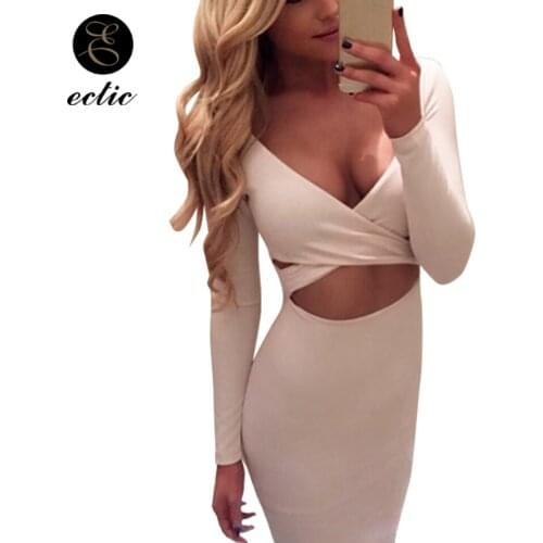 Sexy Tight Mini Dress Party Night 2021 Clubwear Deep V Neck Crop Top Dress Plunge Long Sleeve Sukienka Solid Color Wrap Dress