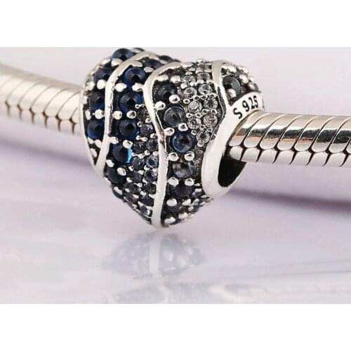 Authentic S925 Bead DIY Jewelry Blue & Clear CZ Aqua Heart Charms fit Lady Bracelets