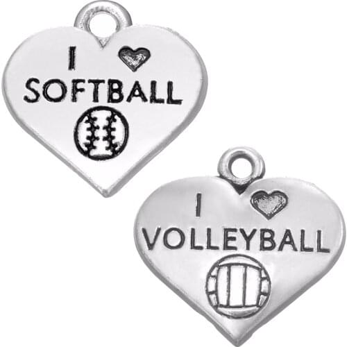 Skyrim Sports Series I LOVE SOFTBALL & VOLLEYBALL Statement Heart Charms DIY Jewelry For Necklaces/Bracelets Meaking 20Pcs/Lot