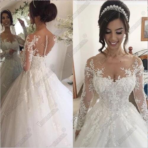 Vestidos De Noivas Long Sleeves Skin Tulle Princess Bridal Ball Gown Wedding Dress Plus Size Pearls Beaded Appliques Robe Mariee