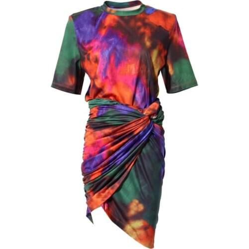TVVOVVIN 2021 Summer Fashion Tie Dye Short Sleeve T-shirt Pleated Skirt Casual Female Print Two Piece Set 5MHS