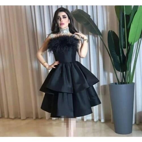 Vintage Short Taffeta Black Strapless Evening Dresses Tea Length Zipper Back Tiered Formal Party Dress for Women