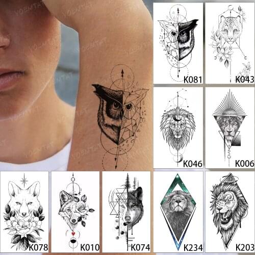 9pcs/Lot Waterproof Temporary Tattoo Sticker Owl Lion Wolf Line Geometric Animal Flash Tatoo Man Arm Body Art Fake Tatto Woman
