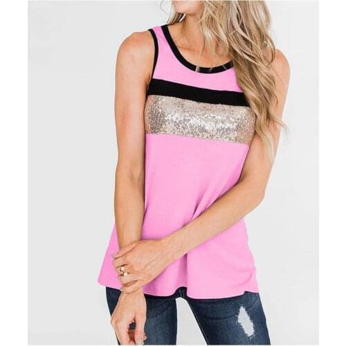 Womens T Shirt Summer Cotton Sequins Sleeveless Tee Stitching Round Neck Plus Size Contrast Color Casual Loose Vest Top T Shirt