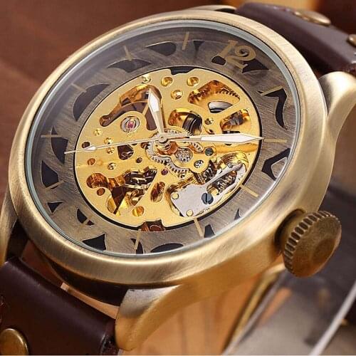 SHENHUA Men Watches Fashion Vintage Bronze Automatic Mechanical Watches Men Skeleton Watches Reloje horloge man montre homme