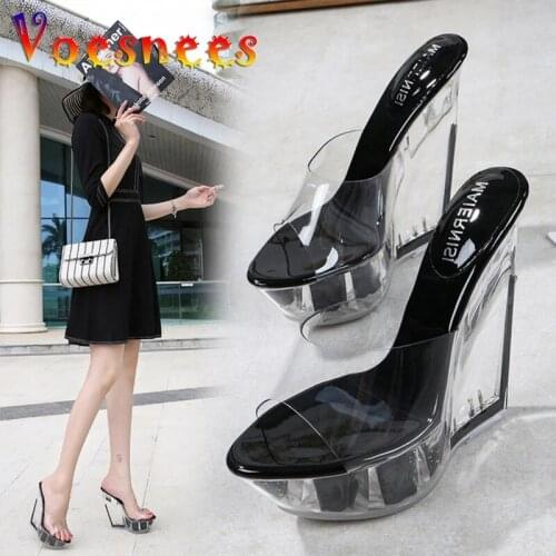 Sexy Summer Fashion High Heels 12CM Sandals Slippers Mules Transparent Crystal Platform Wedges Shoes Jelly Sandals Beach Shoes