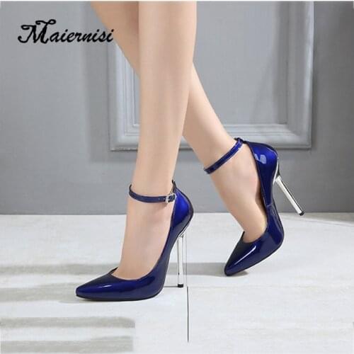 MAIERNISI Women New 13cm High Heel Pumps Black Electroplated Metal Model Sexy High Heels Office Work Shoe Ladies Plus Size