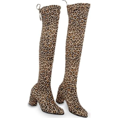 Women Leopard Suede High Heels Women High Boots Long Boots Sexy Thigh High Boots Over-the-knee Boots Female Winter Shoe