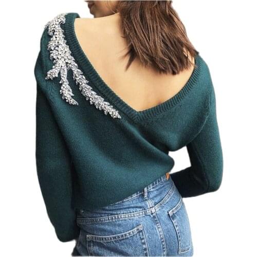 Fashion Brand Wool Cashmere Leaves Crystal Beading Sweater Both Side Wear Sexy Female High Quality Sweaters and Jumpers
