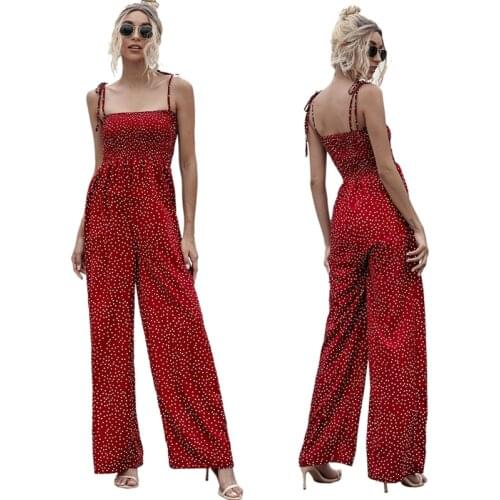 2020 Summer Jumpsuit Women Polka Dot High Waist Rompers Boho Yellow Red Spaghetti Strap Top Wide Leg Pant Female Clothes Ladies