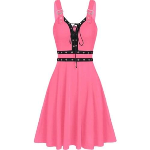 Fashion Women Dress Sleeveless Cross Punk Style Summer Deep v-neck Dress Lace Up Sling Dress Sexy Solid Women Dress Plus Size