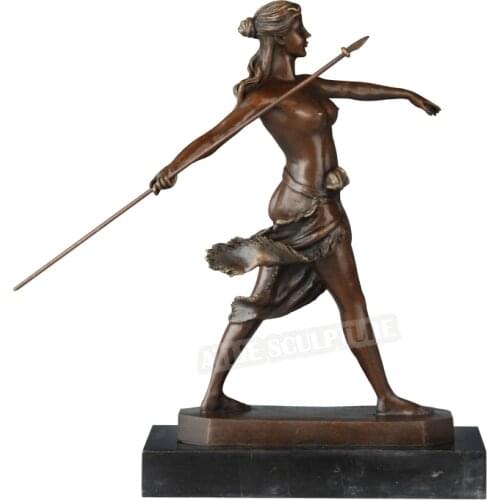Bronze Statue Nude Woman with Spear Sculpture Antique Naked Female Art Marble Base Gorgeous Decoration