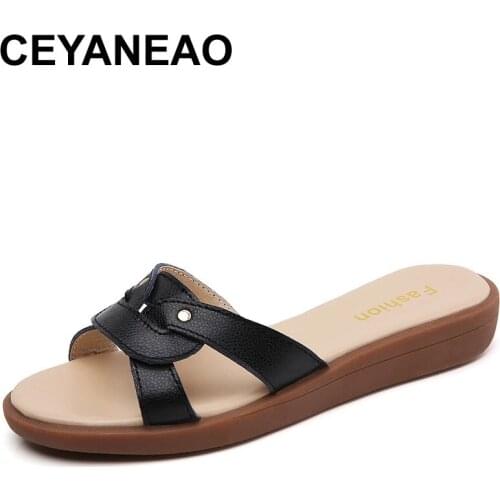 CEYANEAO 2021 Fashion Womens Summer Slippers Woman Leather Slides Beach Sandals Ladies Slip-on Flat Shoes