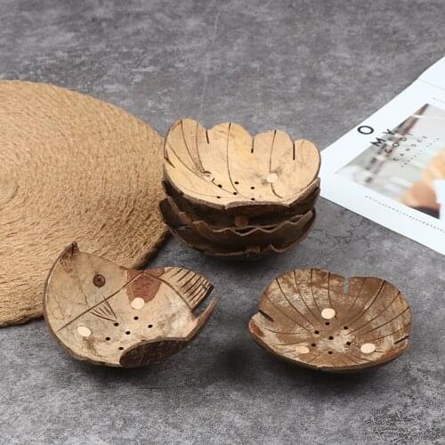 Soap Holder Coconut Shell Wooden Bathroom Dish Container Portable Shape Leaf Shaped Box For Suction Cup Storage