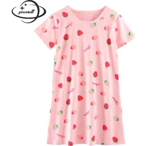 Kids Nightgowns Summer 4-15y Girls Sleepwear Short Sleeve Knee-Length Fruit Strawberry Brethable Childrens Nightdress Y23