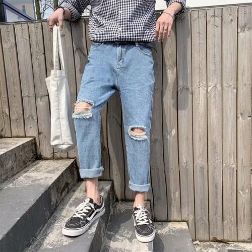Mens Loose And Trendy Knee Holed Jeans Summer Thin Tooling Harem Pants Elasticity Ripped Skinny Jeans Casual Men Pants
