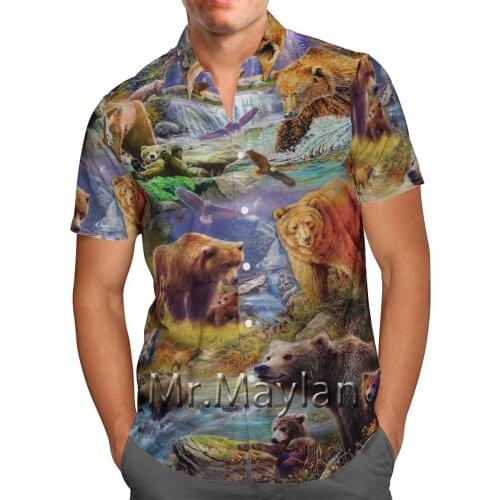 3D Animal Bear In Natural Scenery Hawaii Shirt Short Sleeve Shirt Personality Beach Shirt Streetwear Oversized 5XL Chemise Homme