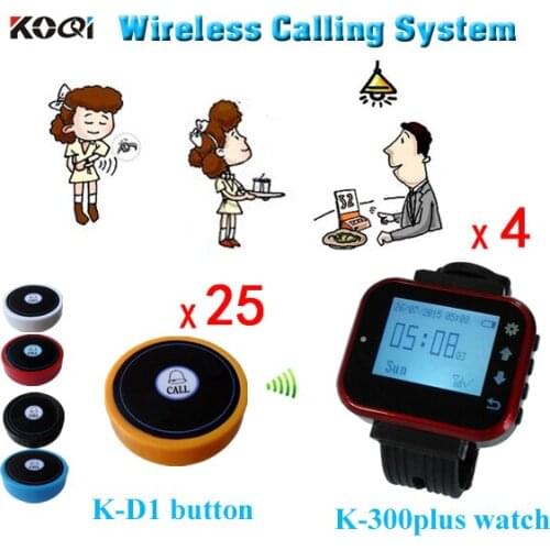 Hot Sell Small Electronic Buzzer Bell Wireless Service Waiter Remote Call Bell System 4 Watch+25 Bell Button