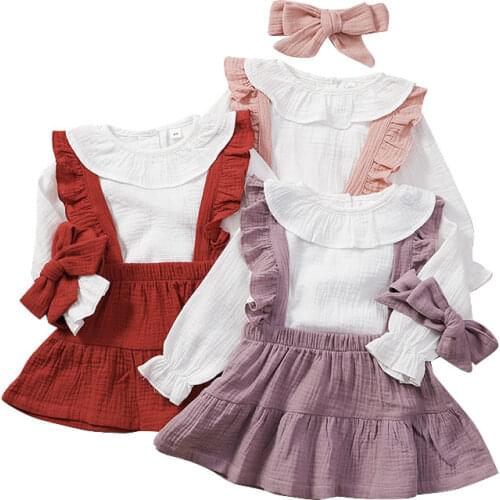 Girls'cotton Strap Skirt Set Baby Long Sleeve purity Harajuku Solid Color Strap Skirt Hair Band Set 30
