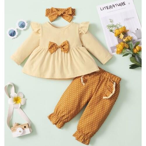 TELOTUNY Infant Baby Girls Clothes Set Long sleeve Solid Color Bowknot Ruffle Tops+Dot Printed Pants+Headbands 3Pcs Outfits
