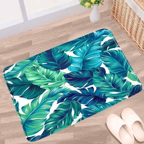 Tropical Leaf Bathroom Mat Green Plant Flower Palm Leaves Non-slip Rug Flannel Home Decoration Bath Kitchen Doorway Aisle Carpet