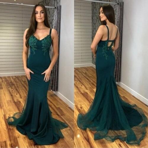 Lace Long Green Prom Dresses Mermaid Sweep Train Criss Cross Back Tulle Evening Gowns Abendkleider Robes de Soirée for Women