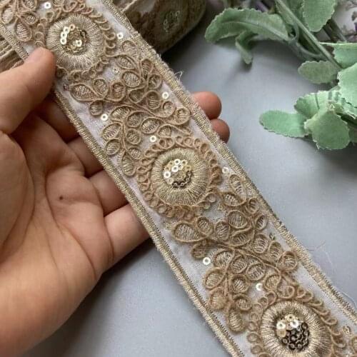 1 Yards White 45mm Ethnic Gold Thread Sequins Webbing Ribbon Tape Shoes Dress Embroidered Lace Trims DIY Sewing Accessorie New