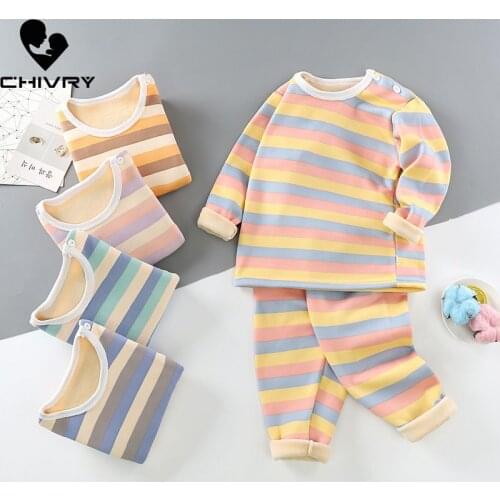 New 2020 Kids Boys Thicken Pajama Sets Striped O-Neck T-Shirt Tops with Pants Baby Girls Autumn Winter Warm Sleeping Clothes